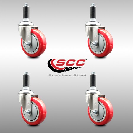 Service Caster 4 Inch 316SS Red Polyurethane Swivel 1-1/8 Inch Expanding Stem Caster Set SCC SCC-SS316EX20S414-PPUB-RED-118-4